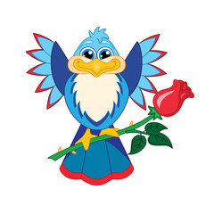 Cute Bird holding a Red Rose