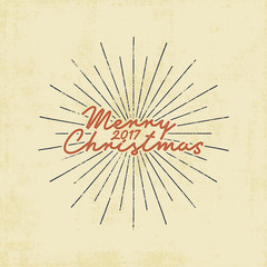 Merry Christmas 2017 lettering, holiday wishe, sayings and vintage label. Season's greetings calligraphy. Seasonal typography design. Vector Illustration. Letters composition with sun bursts.