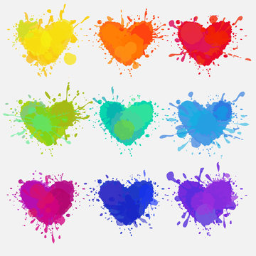 vector colorful hearts, set of splattered and messy colorful hearts with paint stains for Valentine's day design