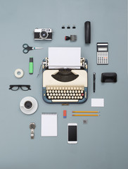 top view retro typewriter banner with items