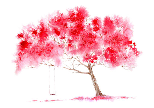 Blossom cherry tree and swing. Spring landscape. Watercolor hand drawn illustration.