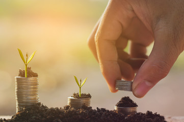 Man hand stack coin  in growth business concept over green background.