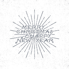 Merry Christmas and Happy New Year lettering, holiday wish, saying and vintage label. Season's greetings calligraphy. Seasonal typography design. Vector design. Letters composition with sun bursts.