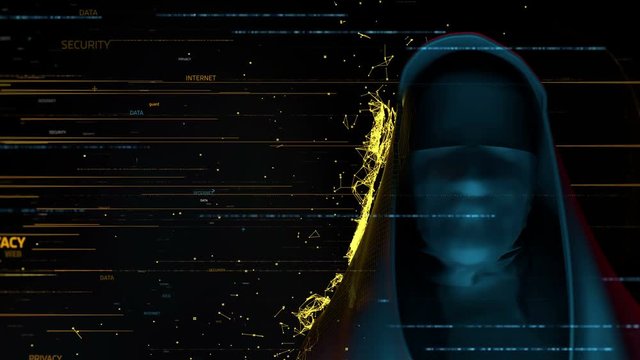 3d render computer theme background. Anonymous person with digital particles that strikes it and form bright network around head. Privacy and hacker attacks concept.