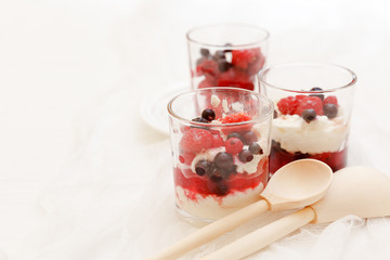 cottage cheese with berries in a glass on a white background