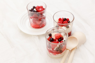 cottage cheese with berries in a glass on a white background