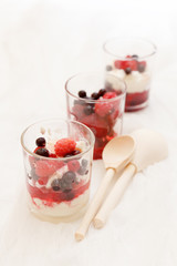 cottage cheese with berries in a glass on a white background