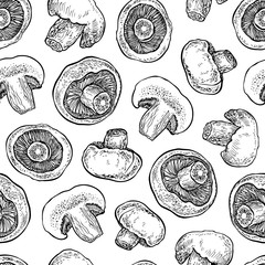 Hand drawn seamless pattern with mushrooms. Graphic vector illustration. Organic vegetarian product.   