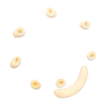 Collection bananas and slices isolated on a white background. Fl