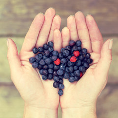  tasty valentine/ heart symbol of wild berries in her hands view from above 