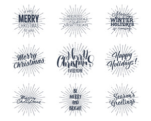 Set of Christmas , New Year 2017 lettering, wishes, sayings and vintage labels. Season's greetings calligraphy. Holiday typography design. isolated. Letters composition with sun bursts.