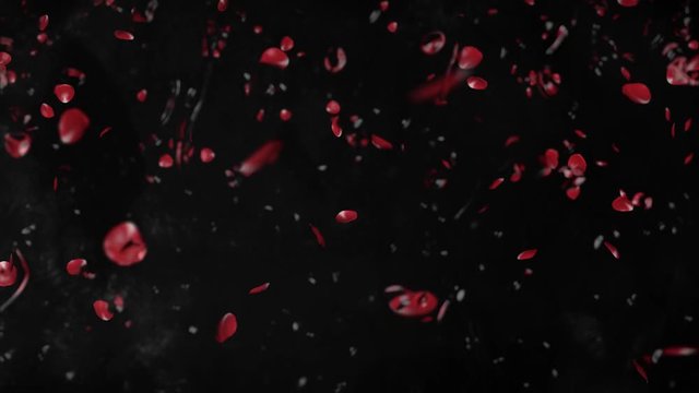 Valentinstag fallende Rosenbl&auml;tter hinter einer Glasscheibe mit Wassertropfen