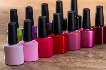 many Nail polish colorful on desk.