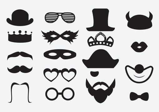 Photo booth props vector. Carnival and birthday party icon elements. Black mustaches and hats set.