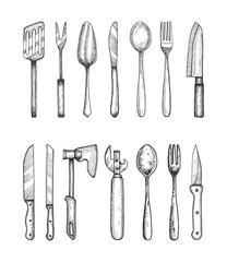 set of kitchen and tableware sketch. vector illustration