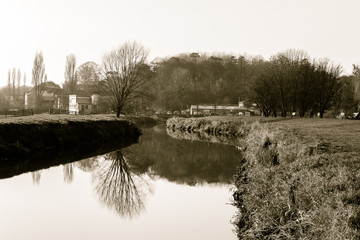 River Parrett in Langport England sepia tone