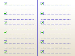 Check mark. Notebook with checklist for note. Tick and cross mar