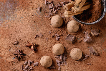 Chocolate truffles with bowl of cocoa, black chocolate flakes, cinnamon sticks, anise and cocoa powder as background. Top view with space for text