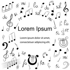 Hand Drawn Music Symbols.  Doodle Drawings of Treble Clef, Bass Clef, Notes and Lyre. Sketch Style. Vector Illustration.