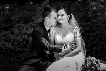 Funny newlywed couple hugging & laughing on  park bench