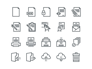 Document. Set of outline vector icons. Includes such as Printer, Shredder, Folder, Archive, Handwriting and more.