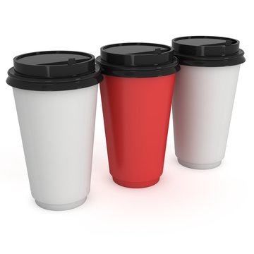 Disposable coffee cups. Blank paper mug. 3d render isolated on white background