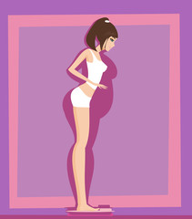 checking her weight on scales