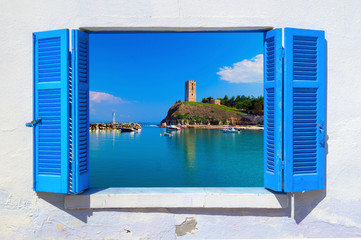 Sea view through traditional greek window - 134467283