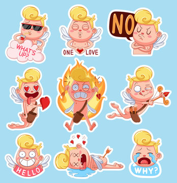 Naklejki Color set of cupids for Valentine's Day. Funny stickers with different emotions.