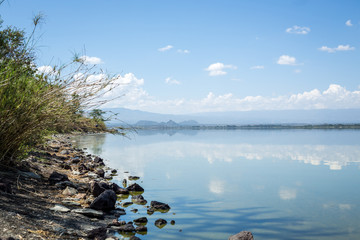 Blue sky reflected in waters of Elmenteita Lake, Kenya