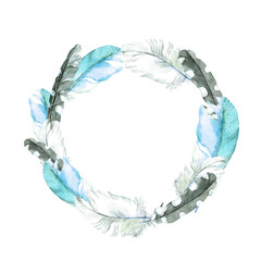 Feathers of blue bird. Wreath border. Watercolor