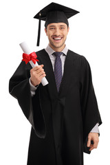 Delighted graduate student holding a diploma