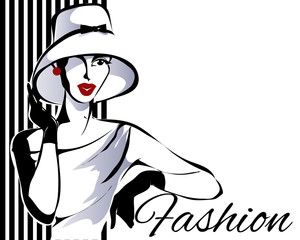 Black and white fashion woman model with boutique logo background. Hand drawn vector