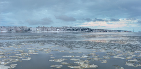 Frozen port of Baltic Sea at winter time. Klaipeda, Lithuania