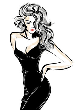 Sexy black and white fashion woman model portrait, vector illustration