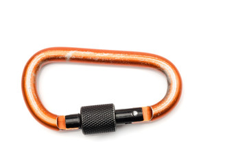 Carabiner D-Shaped in orange color with black locking isolated o