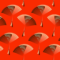 Seamless tile with a retro style pattern of palm leaves in red