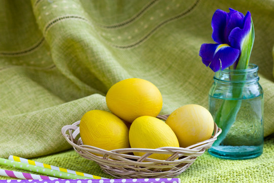the celebration of Easter, dyeing eggs and spring flower