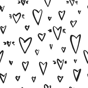 Vector seamless pattern with hearts. Ink illustration isolated on white background.