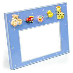 Fototapeta premium Baby pink photo frame with toys a pink color on a white background isolated