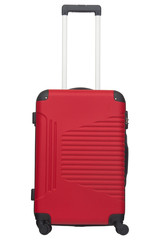 Red plastic suitcase isolated on white background