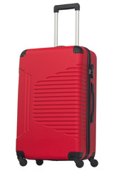 Red plastic suitcase isolated on white background