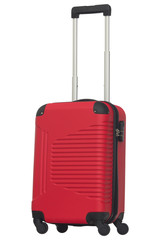 Red plastic suitcase isolated on white background