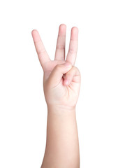 Obraz premium Kid or Children hand show the number three isolated on white background with clipping path