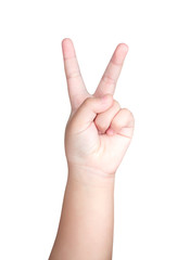 Kid or Children hand show the number two isolated on white background with clipping path