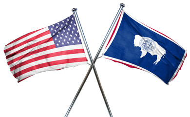 wyoming and USA flag, 3D rendering, crossed flags