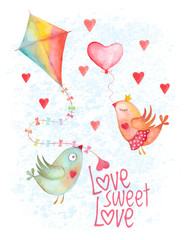 Valentine Day birds couple with heart and kite on blue background. Not autotrace