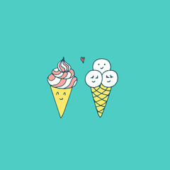 Kawaii sweet ice cream couple. Vector hand drawn illustration with Japanese style sketches. Minimalistic childish drawing in candy colors