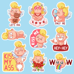 Color set of cupids for Valentine's Day. Funny stickers with different emotions.