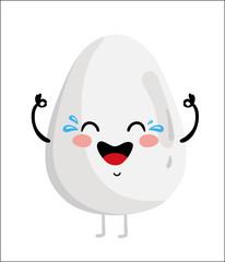 Cute happy egg cartoon character isolated on white background vector illustration. Funny fast food menu emoticon face icon. Happy smile cartoon face food, comical chicken egg animated mascot symbol